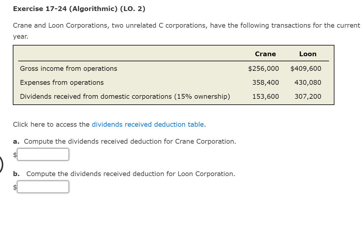 Please help me solve this question Exercise 17-24 (Algorithmic) (LO. 2) Crane