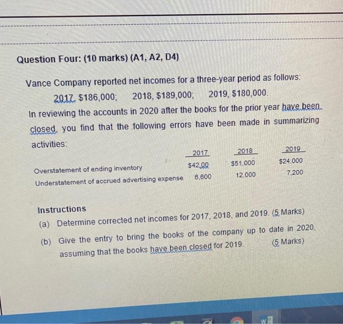  Question Four: (10 marks) (A1, A2, D4) Vance Company reported net