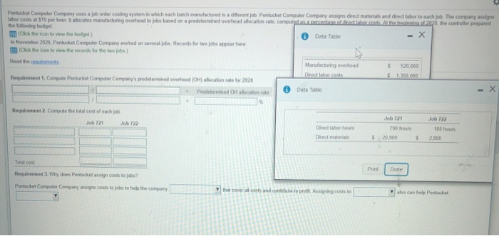  Pentucket Computer Company uses a job order costing system in which