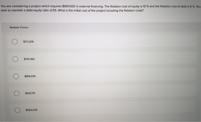  You are considering a project which requires $687,000 in external financing.