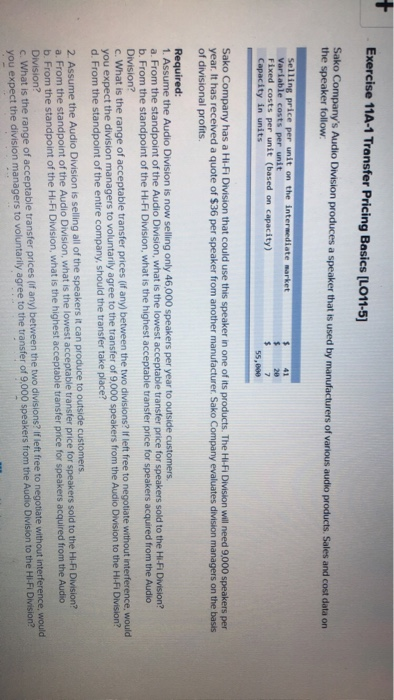 help e i Exercise 11A-1 Transfer Pricing Basics [L011-5] Sako Company's Audio