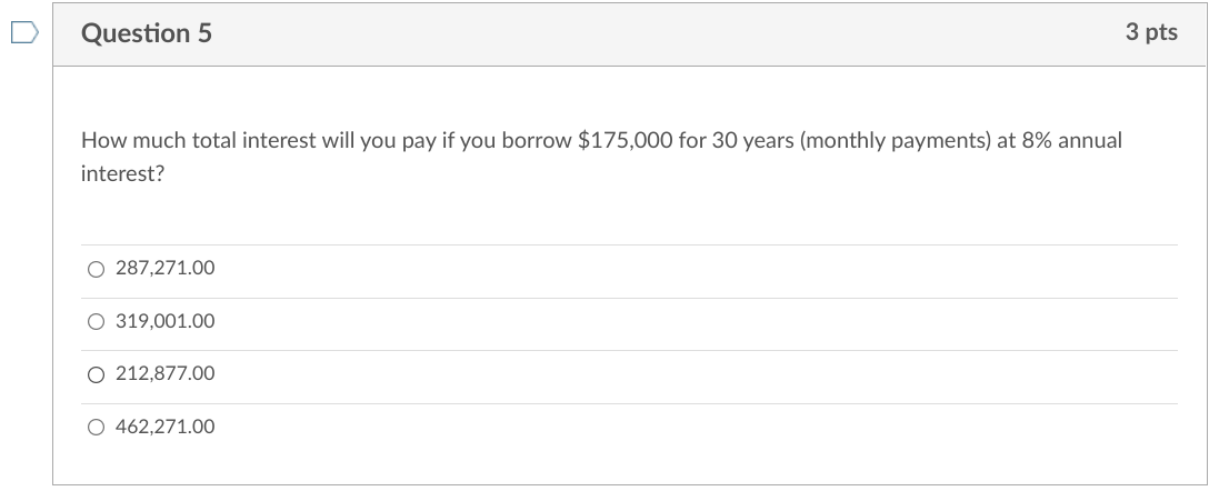 Question 5 3 pts How much total interest will you pay