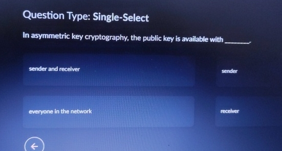  Question Type: Single-Select In asymmetric key cryptography, the public key is