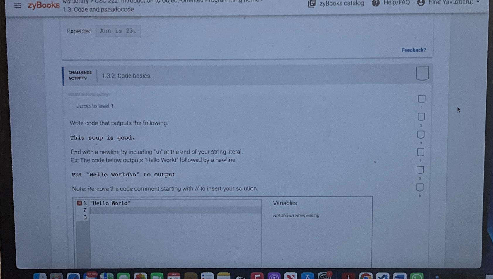  1.3 Code and pseudocode zyBooks catalog Help/FAQ Firat Yavuzbarut Expected Ann