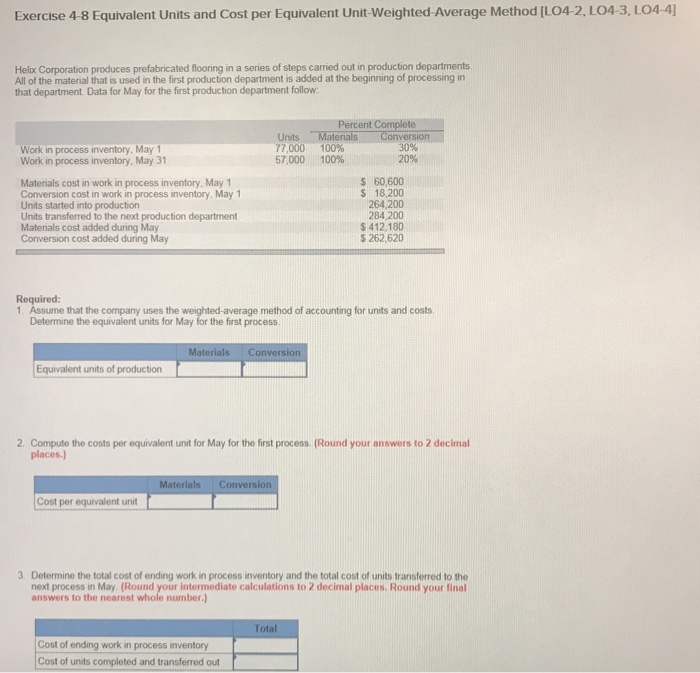  Exercise 4.8 Equivalent Units and Cost per Equivalent Unit-weighted Average Method