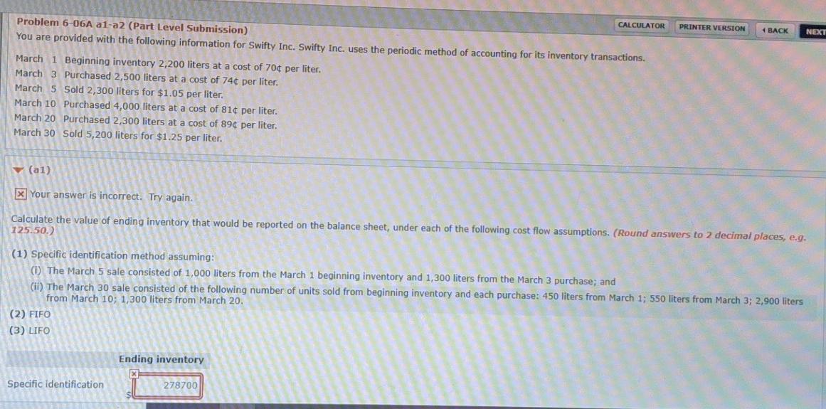  CALCULATOR PRINTER VERSION 4 BACK NEXT Problem 6-06A al-a2 (Part Level