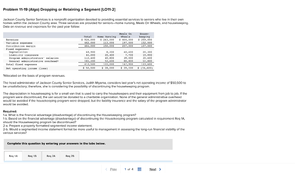  Problem 11-19 (Algo) Dropping or Retaining a Segment [LO11-2] Jackson County