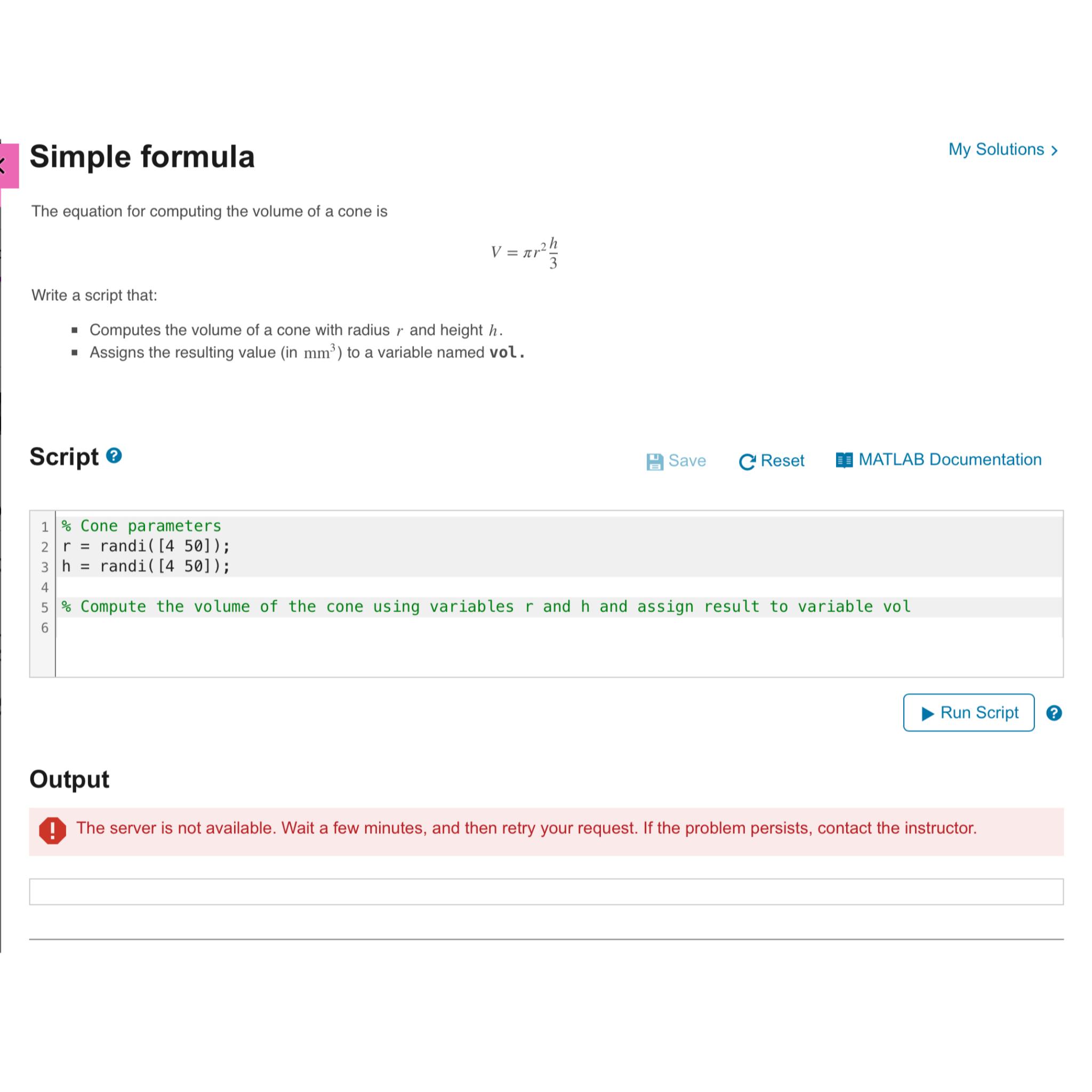  Simple formula My Solutions > The equation for computing the volume