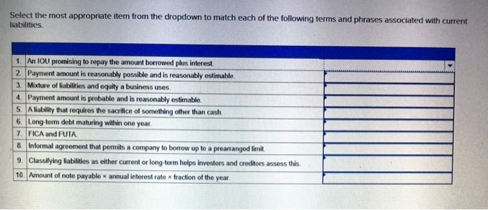  Select the most appropriate item from the dropdown to match each
