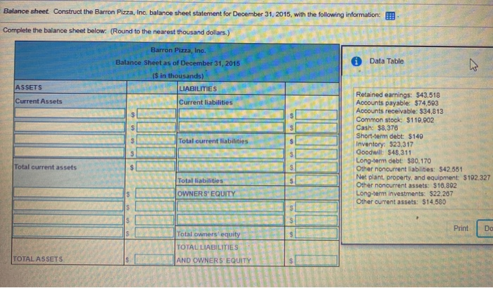  Balance sheet Construct the Barron Pizza, Inc. balance sheet statement for