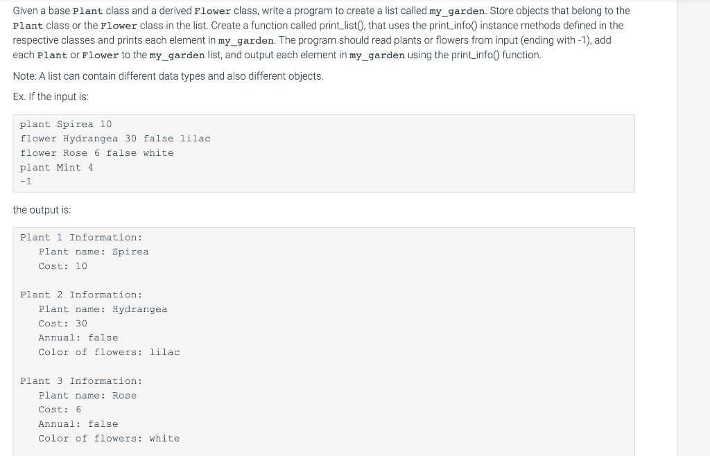 THE QUESTION: THIS IS MY CODE: class Plant: def __init__(self, plant_name, plant_cost):