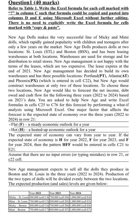  Question1 (40 marks) Refer to Table 1. Write the Excel formula