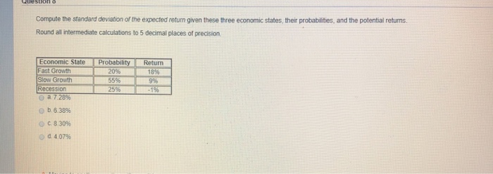  Compute the standard deviation of the expected return given these three