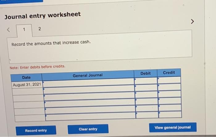  Journal entry worksheet > 1 2. Record the amounts that increase