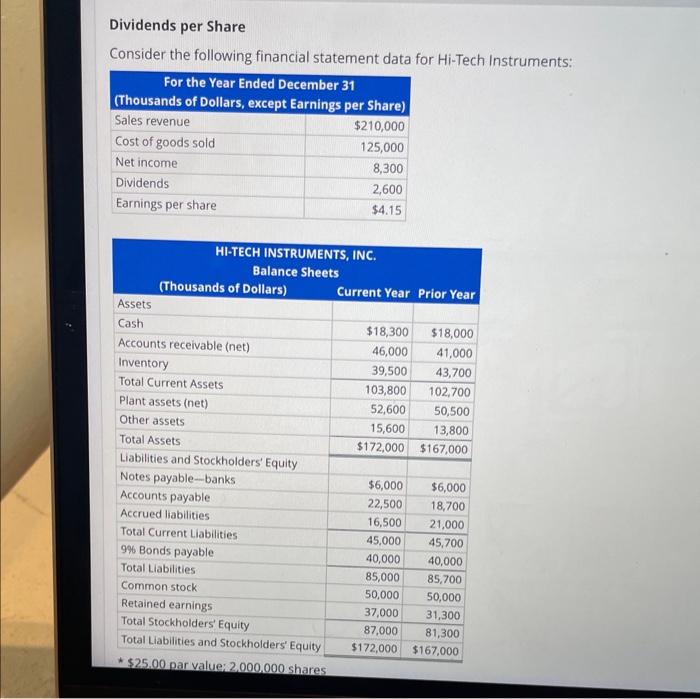  Dividends per Share Consider the following financial statement data for Hi-Tech