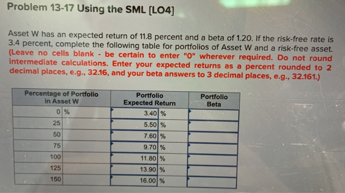  Problem 13-17 Using the SML (LO4) Asset W has an expected