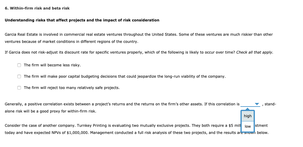 6. Within-firm risk and beta risk Understanding risks that affect projects
