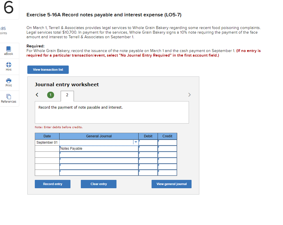 Record notes payable and interest expense (LO5-7) 0.85 points On March 1,