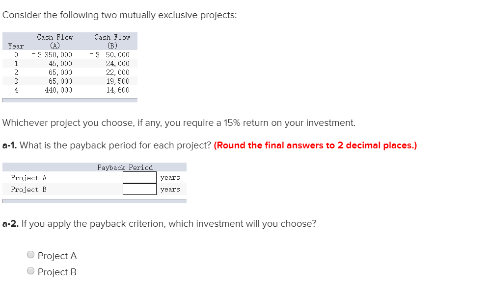  Consider the following two mutually exclusive projects: Cash Flow Year 0