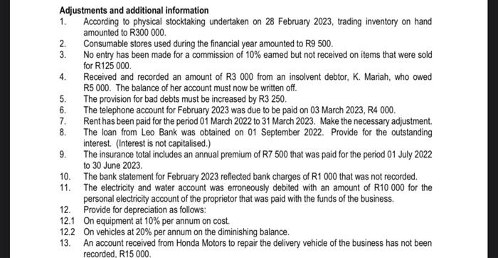 The pre-adjustment trial balance and additional information given below were extracted from
