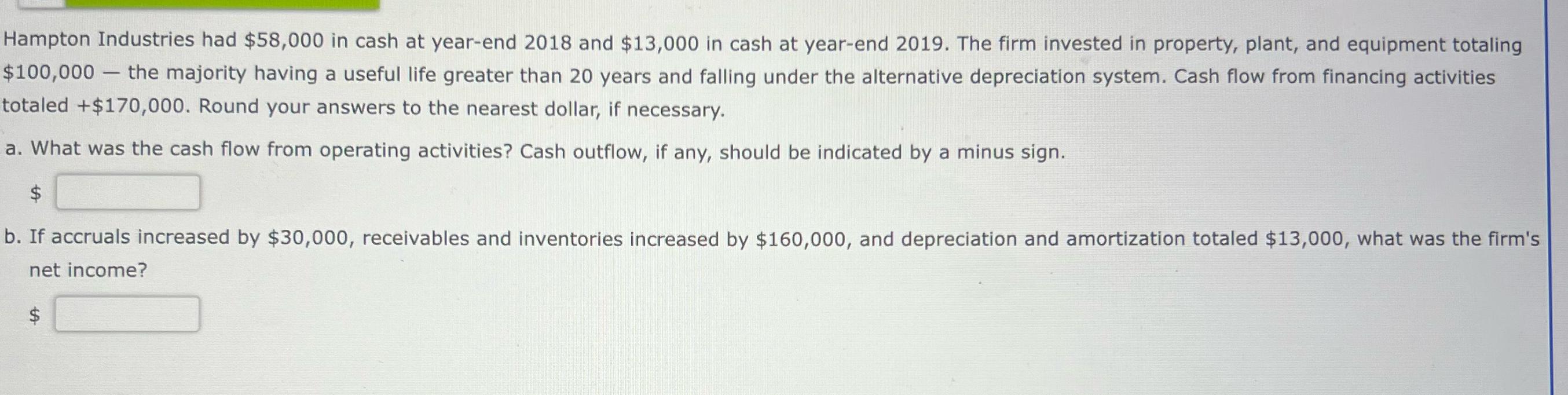  Hampton Industries had $58,000 in cash at year-end 2018 and $13,000
