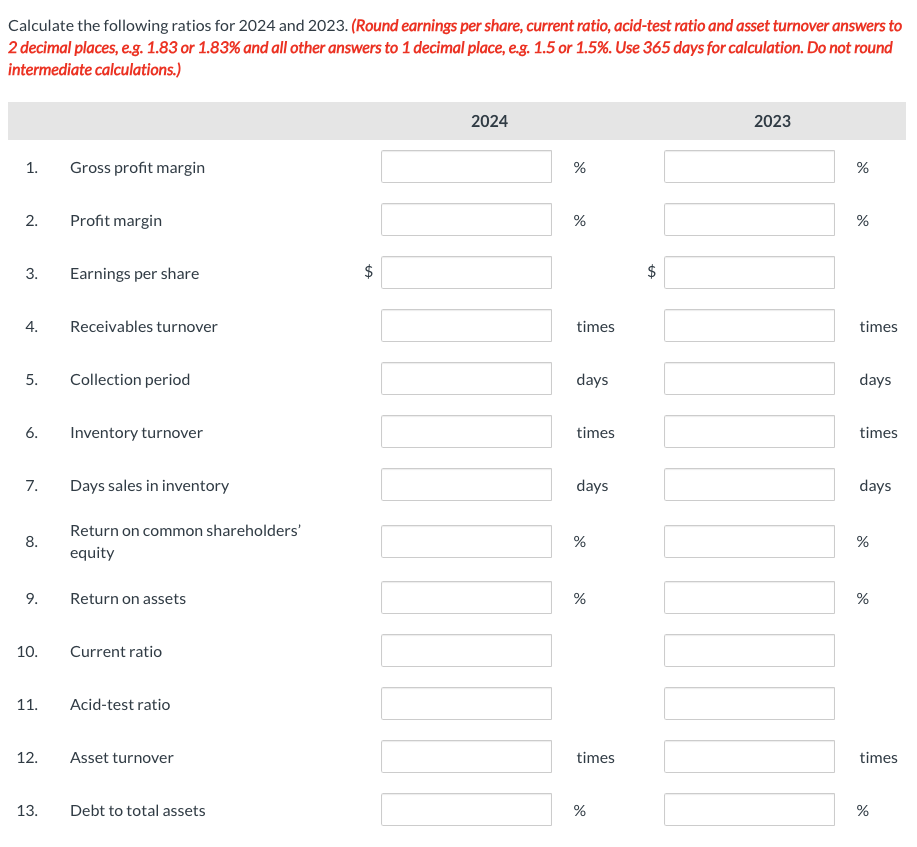 2023 were 58,000 . Calculate the following ratios for 2024 and 2023.