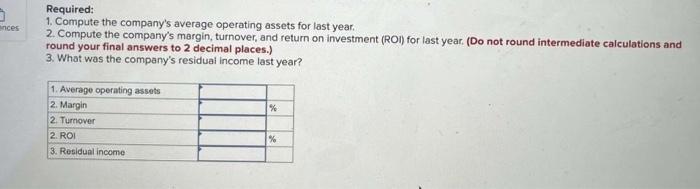  Required: 1. Compute the company's average operating assets for last year.