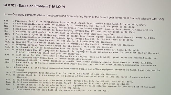  GL0701 - Based on Problem 7-1A LO P1 Brown Company completes