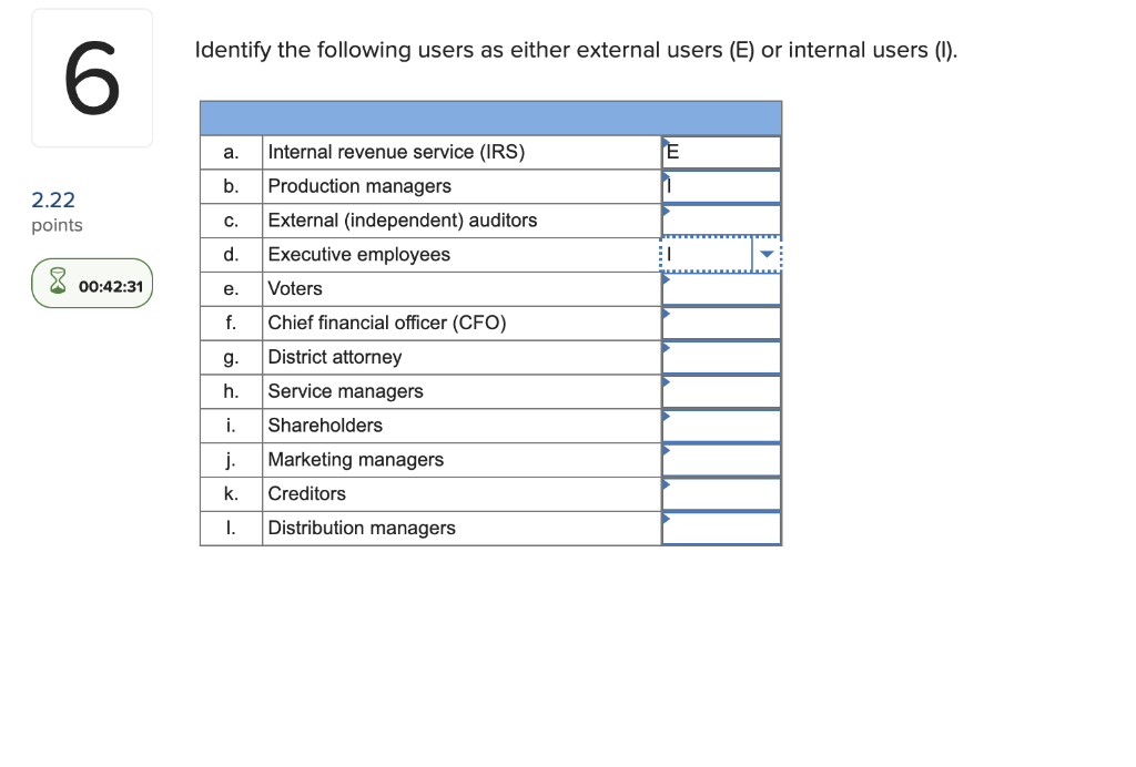  Identify the following users as either external users (E) or internal