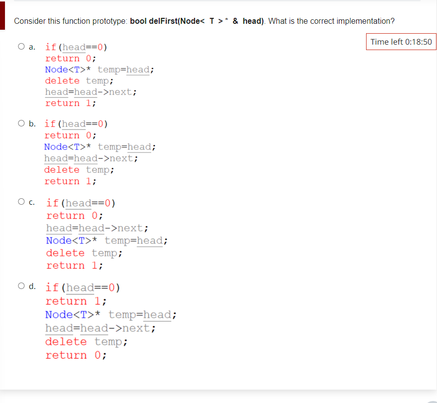  Consider this function prototype: bool delFirst(Node (:T:)**& head). What is the