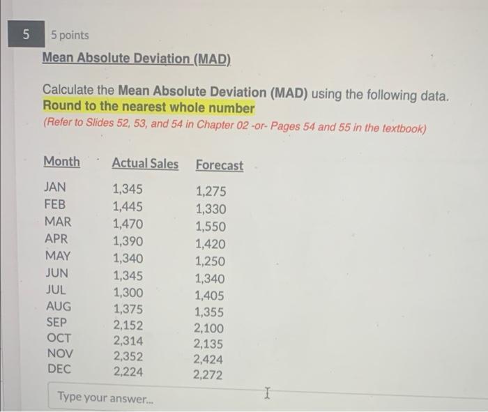  5 points Mean Absolute Deviation (MAD). Calculate the Mean Absolute Deviation