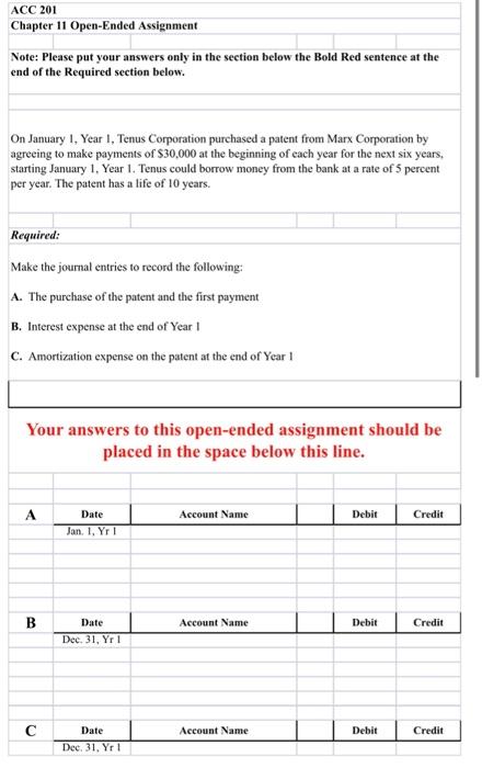  ACC 201 Chapter 11 Open-Ended Assignment Note: Please put your answers