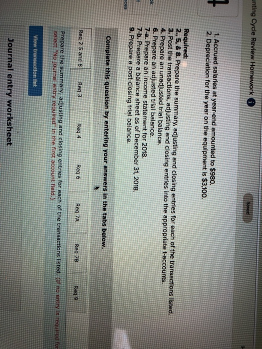 work Problem 2-6 Accounting cycle LO2-2, 2-3, 2-4, 2-5, 2-6, 2-7 The