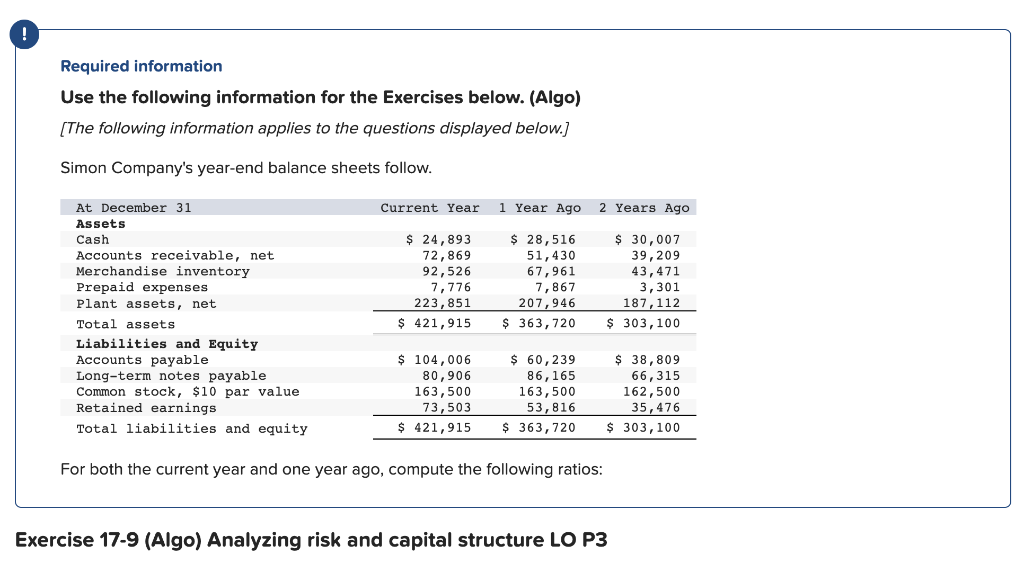  Required information Use the following information for the Exercises below. (Algo)
