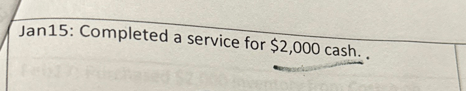  Jan15: Completed a service for $2,000 cash. Prepare journal entry 