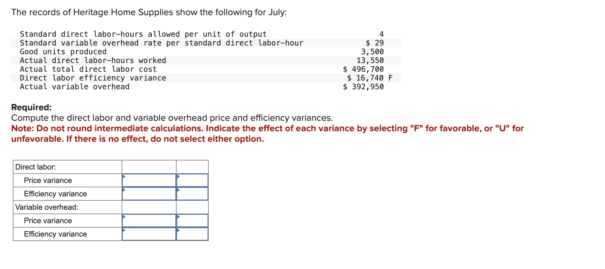  Required: Compute the direct labor and variable overhead price and efficiency
