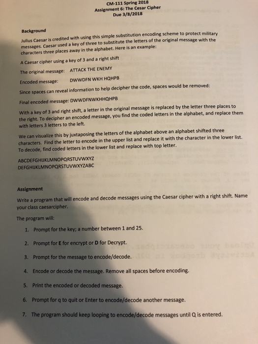 This is java programming(BlueJ).. Please and thank you! CM-111 Spring 2018 Assignment