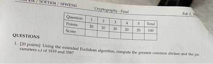 crypto graphy 1. [20 points] Using the extended Euclidean algorithm, compute the