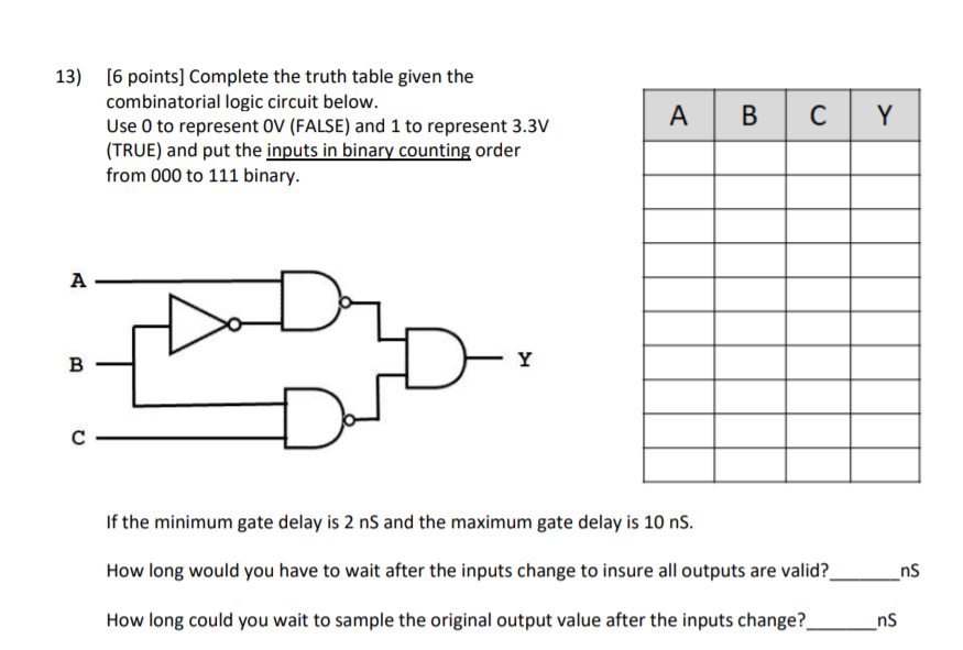  13) [6 points] Complete the truth table given the combinatorial logic