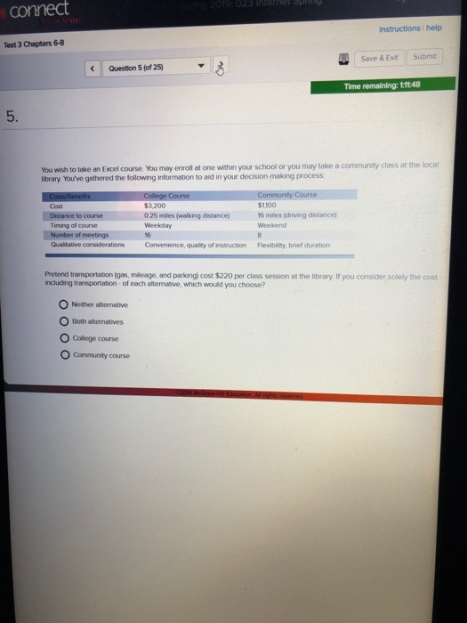  instructions help Test 3 Chapters 6-8 Save & Exit Submit Question