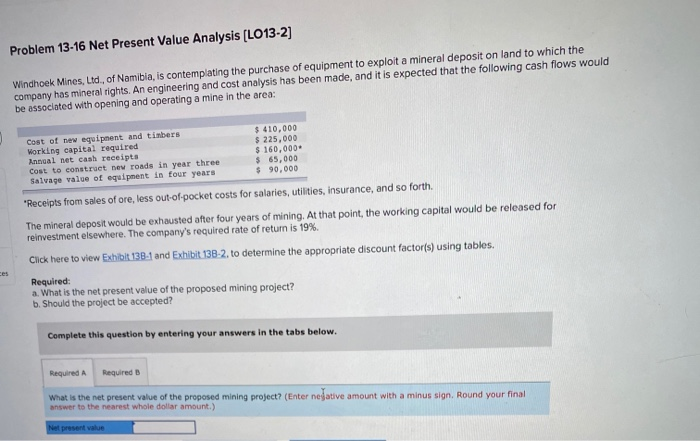  Problem 13-16 Net Present Value Analysis [LO13-2) Windhoek Mines, Ltd., of