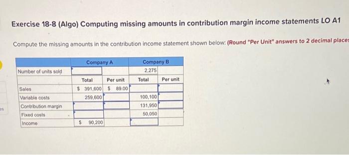  Exercise 18-8 (Algo) Computing missing amounts in contribution margin income statements