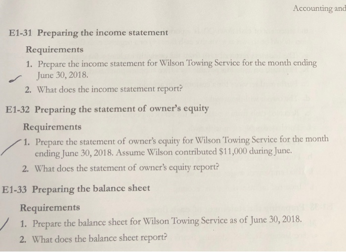 to answer Exercises El-31 through E1-33. The account balances of Wilson Towing