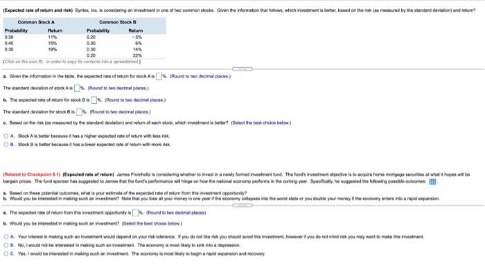  Expected rate of return and risks Syntex Inca considering an investment