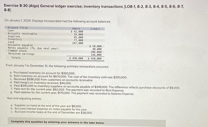  Exercise 8-30 (Algo) General ledger exercise; inventory transactions [ LO8-1, 8-2,