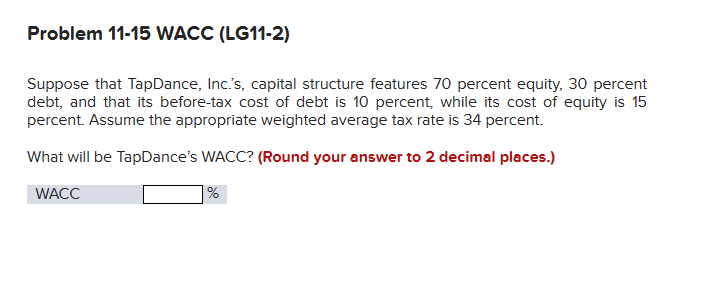  Problem 11-15 WACC (LG11-2) Suppose that TapDance, Inc.'s, capital structure features