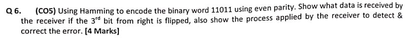  Q 6.(CO5) Using Hamming to encode the binary word 11011 using