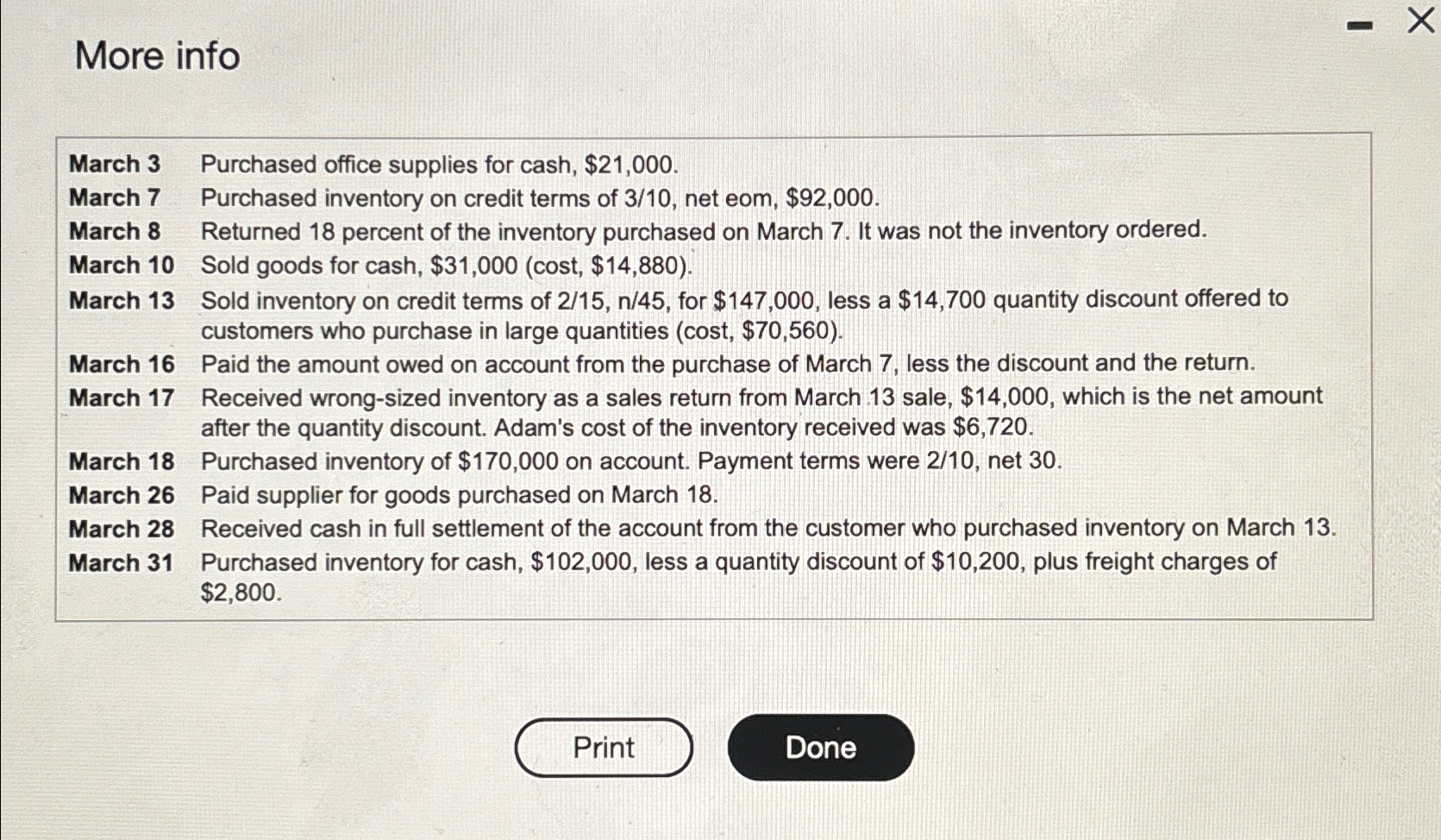  More info \table[[March 3,Purchased office supplies for cash, $21,000.],[March 7,Purchased inventory