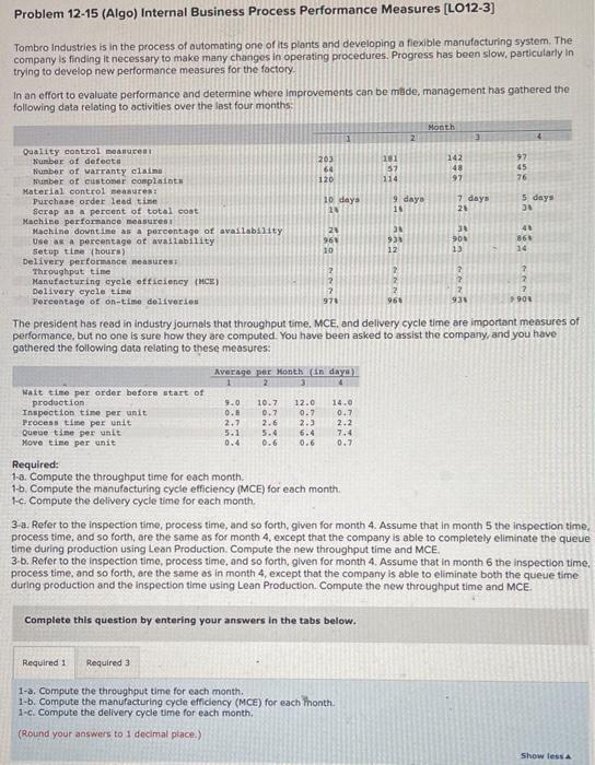  Problem 12-15 (Algo) Internal Business Process Performance Measures [LO12-3] Tombro industries