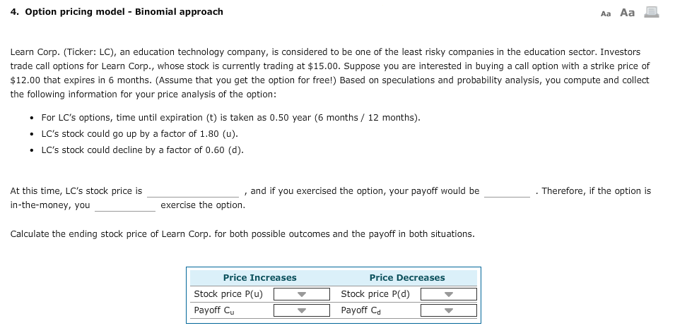  4. option pricing model Binomial approach Aa Aa Learn Corp. (Ticker: